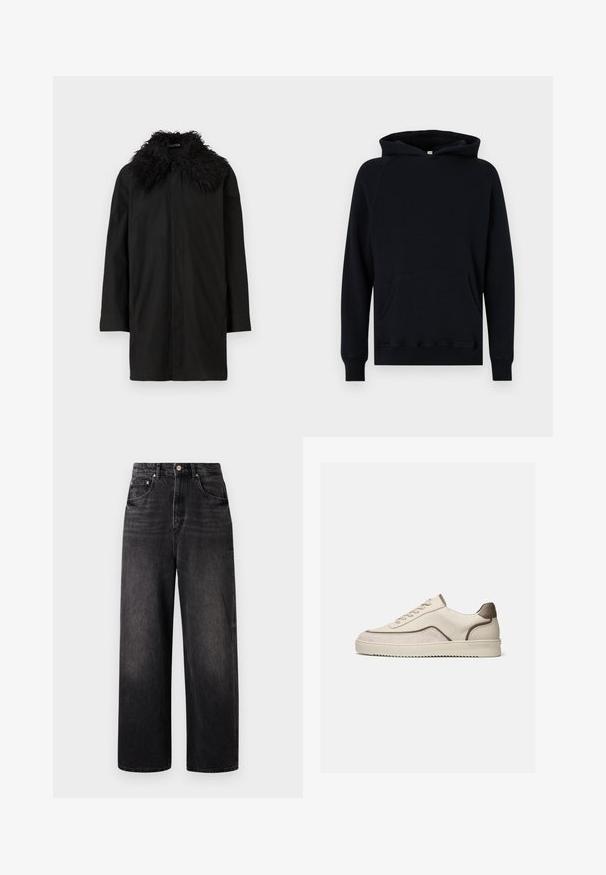Zwarte middelgrote jas met lange mouwen en een grote getextureerde bontkraag, weergegeven tegen een witte achtergrond.; Zwarte katoenen hoodie met een kangoeroe-zak, lange mouwen en een kap met trekkoord. Ribgebreide manchetten en zoom, textuurstof. Klassieke pasvorm.; Zwarte denim jeans met een losse pasvorm, hoge taille, vijf zakken en een opvallende knoopsluiting. Heeft subtiele vervaging en een recht gesneden ontwerp.; Beige lage sneaker met vetersluiting, suède en leren panelen en een geribbelde rubberen zool op een effen witte achtergrond.