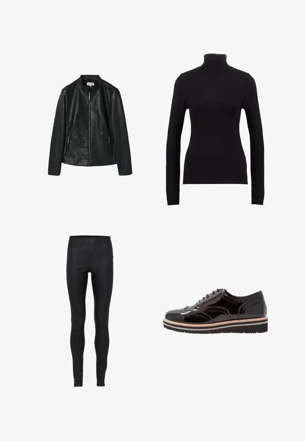 Sort jakkesæt i kunstlæder med en rund krave, frontlynlås og to sidelommer med lynlås. Glat tekstur, struktureret design, ingen synlige mønstre.; Sort turtleneck sweater lavet af blød stof, med lange ærmer og en tætsiddende silhuet. Enkel design uden synlige mønstre eller dekorationer.; Sorte læderleggings med høj talje, glat tekstur og tætsiddende pasform fra talje til ankel.; Sorte patentlæder snørestøvler med brogue-detaljer, en rund tå og en lagdelt sort og hvid struktureret sål.