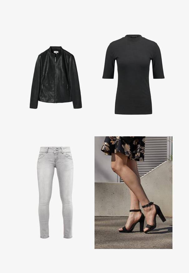 Sort jakkesæt i kunstlæder med en rund krave, frontlynlås og to sidelommer med lynlås. Glat tekstur, struktureret design, ingen synlige mønstre.; Sort ribbet t-shirt med høj hals og korte ærmer. Glat, tætsiddende design uden mønstre eller synlige hardwaredetaljer.; Lys grå skinny jeans lavet af denim, med en glat tekstur, dobbelt knaplukning og forreste lommer med buede sømme.; Sorte ruskinds høje hæle sandaler har et ankelstrop med spænde, åben tå design og en kraftig hæl. Glat tekstur og minimalistisk stil.
