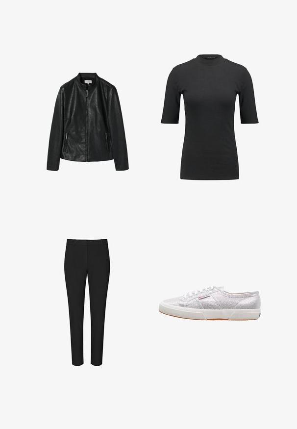 Sort jakkesæt i kunstlæder med en rund krave, frontlynlås og to sidelommer med lynlås. Glat tekstur, struktureret design, ingen synlige mønstre.; Sort ribbet t-shirt med høj hals og korte ærmer. Glat, tætsiddende design uden mønstre eller synlige hardwaredetaljer.; Sorte slim-fit-bukser med bæltestropper og flad front, vist mod en ensfarvet hvid baggrund.; Sølvglitrende sneakers med hvid gummisål, der har rund tå, snørebåndsdesign og et logo-patch på siden.