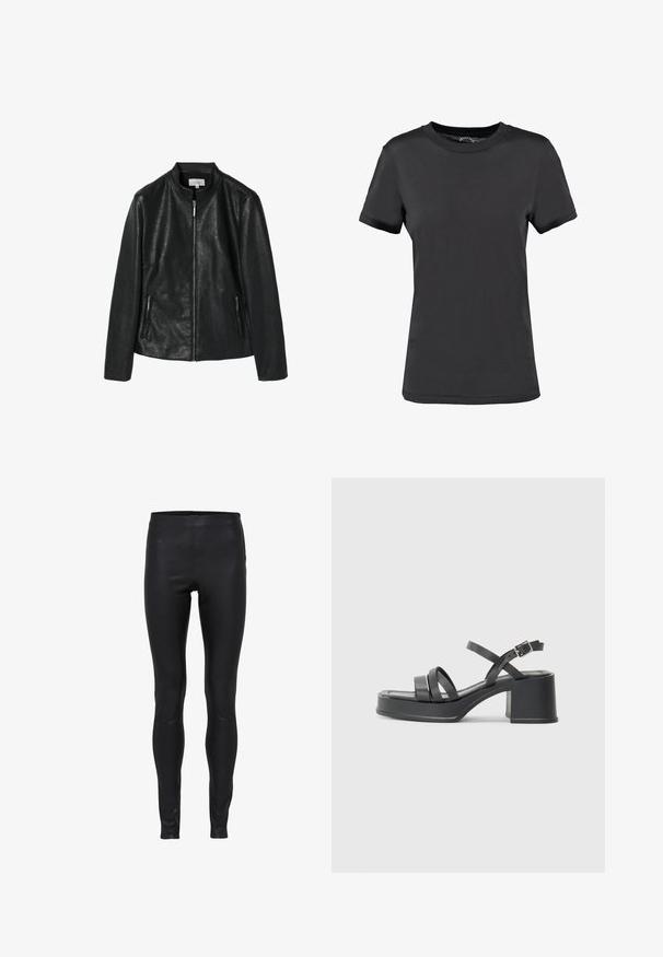 Sort jakkesæt i kunstlæder med en rund krave, frontlynlås og to sidelommer med lynlås. Glat tekstur, struktureret design, ingen synlige mønstre.; Sort kortærmet t-shirt lavet af glat stof. Har en rund halsudskæring uden synlige mønstre eller detaljer, hvilket giver et enkelt design.; Sorte læderleggings med høj talje, glat tekstur og tætsiddende pasform fra talje til ankel.; Sorte hælede sandaler med flere smalle stropper og rund tå. Hælen er blokformet med en glat tekstur. Justerbar spænde lukning.