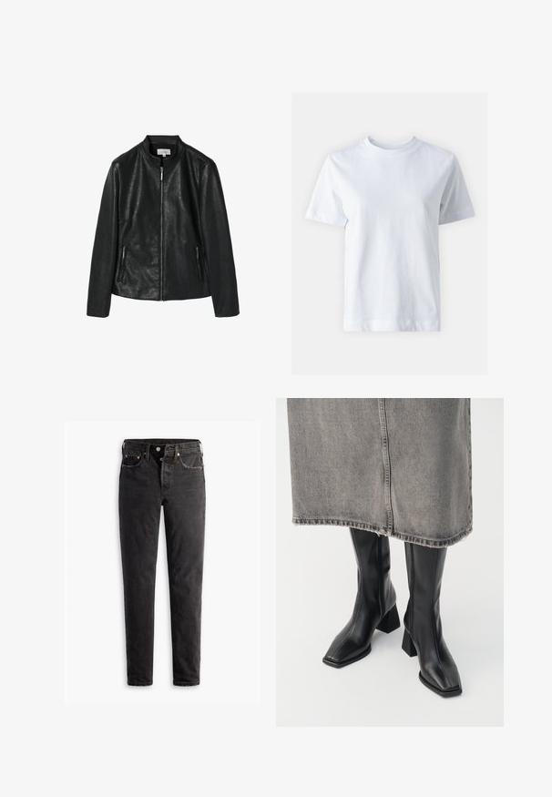 Sort jakkesæt i kunstlæder med en rund krave, frontlynlås og to sidelommer med lynlås. Glat tekstur, struktureret design, ingen synlige mønstre.; Hvid bomulds t-shirt med rund halsudskæring, korte ærmer, lige snit og glat tekstur. Ingen mønstre eller dekorationer.; Sorte denim jeans med lige ben, der har fem lommer, kobberhardware og en let slidte måde.; Sorte knæhøje støvler i glat læder med firkantet tå og blokeret hæl. Båret med en grå denimnederdel med flosset kant.