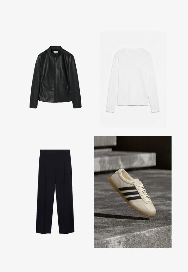 Sort jakkesæt i kunstlæder med en rund krave, frontlynlås og to sidelommer med lynlås. Glat tekstur, struktureret design, ingen synlige mønstre.; Helt hvid langærmet t-shirt med rund hals lagt fladt på en hvid overflade, der viser fronten og hele ærmelængden.; Sorte vidde bukser med glat stof, to frontfolder, en talje og en lige pasform uden synlige pynt.; Hvid sneaker med sorte striber og gummisål svæver over betontrapper i blødt dagslys.