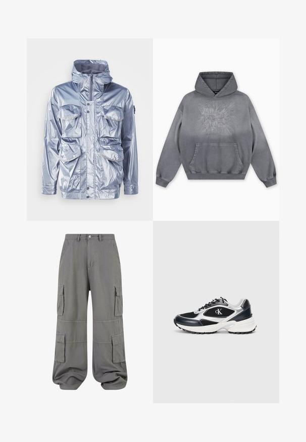 Silberne wasserdichte Jacke mit Reißverschluss, verstellbare Kapuze und vier Fronttaschen. Verfügt über eine glänzende Textur und Druckknöpfe.; Grauer Kapuzenpullover mit einer strukturierten Druckgrafik, die "FAVELA Worldwide" und ein Adlerdesign zeigt, Kängurutasche vorne und gerippte Bündchen.; Graue Cargo-Hosen aus leichtem Stoff, mit zwei Seitentaschen, zwei Cargotaschen und einem elastischen Saum für eine bequeme Passform.; Schwarzer und silberner Sportschuh mit Obermaterial aus Mesh und synthetischen Materialien, strukturierten Akzenten, dicker weißer Zwischensohle und schwarzer Gummi-Außensohle. Mit Logo.