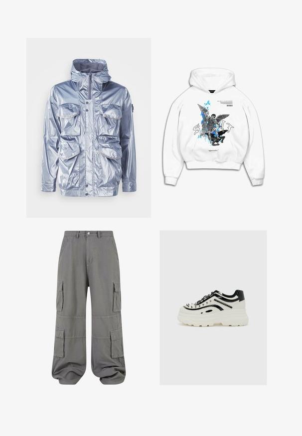 Chaqueta impermeable plateada con cierre de cremallera, capucha ajustable y cuatro bolsillos frontales. Presenta una textura brillante y cierres a presión.; Sudadera blanca con capucha que presenta un diseño gráfico de un ángel con alas y acentos azules abstractos, junto con texto y símbolos impresos en la parte delantera.; Pantalones cargo grises hechos de tejido ligero, con dos bolsillos laterales, dos bolsillos tipo cargo y un dobladillo elástico para un ajuste relajado.; Zapatillas chunky con materiales sintéticos en blanco y negro, que presentan puntas plateadas en la punta y una suela gruesa blanca con un dibujo texturizado.