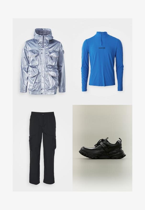 Silberne wasserdichte Jacke mit Reißverschluss, verstellbare Kapuze und vier Fronttaschen. Verfügt über eine glänzende Textur und Druckknöpfe.; Langarm-Quarter-Zip-Oberteil in leuchtendem Blau, mit glatter Textur und dem in Schwarz auf der Vorderseite aufgedruckten Markennamen "CALVIN KLEIN".; Schwarze Cargo-Hosen aus gewebtem Stoff. Mit verstellbarem Bund, Seitentaschen und zwei Utility-Taschen mit Reißverschlüssen.; Schwarzer klobiger Sportschuh mit verstellbarem Riemen, Schnürzug und robustem Profil, seitlich auf neutralem Hintergrund dargestellt.
