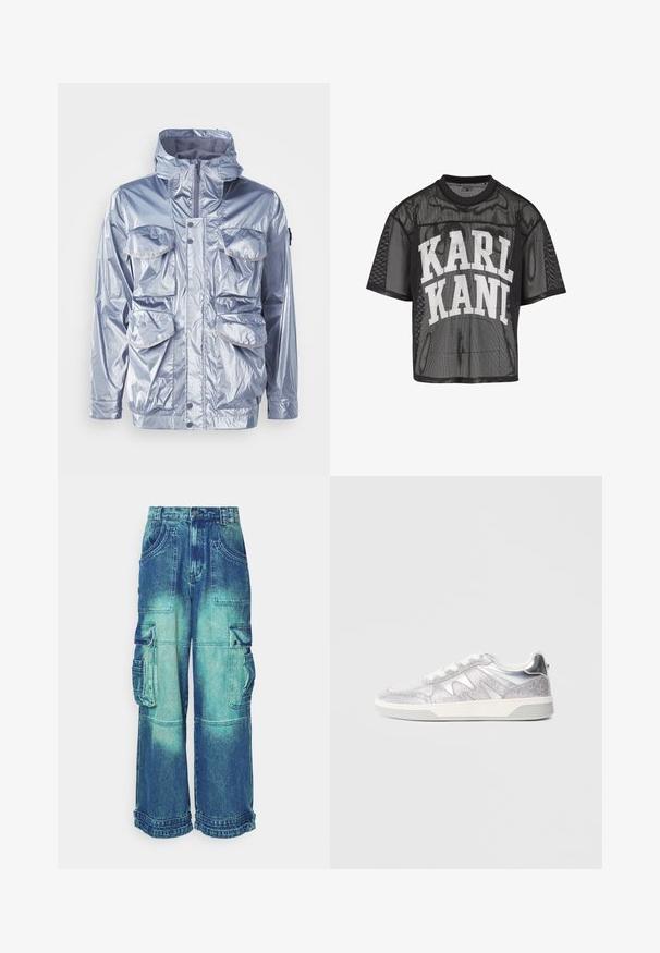Veste imperméable argentée avec fermeture éclair, capuche ajustable et quatre poches avant. Elle présente une texture brillante et des boutons-pression.; T-shirt noir à manches courtes en maille avec le grand texte blanc "KARL KANI" imprimé sur la poitrine.; Pantalons cargo en denim dégradé de bleu, avec de nombreuses poches, jambes larges et ourlet effiloché. Conçus en tissu robuste avec des coutures visibles.; Baskets argentées avec une tige texturée et des accents brillants. Dotées d'un design à lacets et d'une semelle en caoutchouc. Style moderne et sportif.