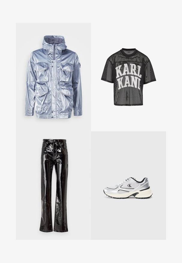 Silberne wasserdichte Jacke mit Reißverschluss, verstellbare Kapuze und vier Fronttaschen. Verfügt über eine glänzende Textur und Druckknöpfe.; Schwarzes, kurzärmeliges Mesh-T-Shirt mit großem weißen "KARL KANI" Schriftzug auf der Brust.; Schwarze, hoch geschnittene, ausgestellte Hosen aus glänzendem Vinyl mit vorderen Taschen, einem Reißverschluss und sichtbaren Stichdetails.; Silberner Sportschuh mit Mesh- Akzenten, schwarzem Rand und einer strukturierten Sohle. Mit dem Logo "cK" an der Seite und einem modernen Design.