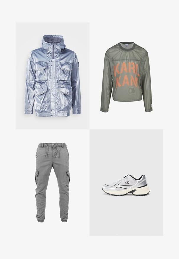 Veste imperméable argentée avec fermeture éclair, capuche ajustable et quatre poches avant. Elle présente une texture brillante et des boutons-pression.; Haut en mesh à manches longues vert olive avec grand texte orange "KARL KANI" sur le devant et col rond.; Pantalons cargo gris avec taille élastique, cordon de serrage, poches latérales et poignets élastiques. Fabriqués en tissu léger avec une texture lisse.; Baskets de sport argentées avec des accents en maille, bord noir et semelle texturée. Présente le logo "cK" sur le côté et un design moderne.