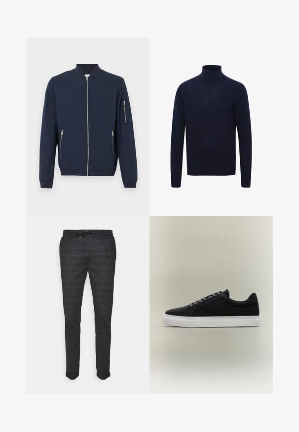 Veste bomber bleu marine avec fermeture éclair à l'avant, poches zippées sur les côtés, poche zippée sur la manche gauche, poignets et col côtelés.; Pull à col roulé bleu marine à manches longues avec col, poignets et ourlet côtelés, présenté sur fond blanc.; INDICODE JEANS EBERLEIN WITH ROLLED UP - Pantalon classique - macan grey; Baskets basses noires avec semelle en caoutchouc blanche, design à lacets et col rembourré, présentées sur un fond gris neutre.