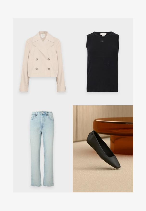 Veste courte beige à double boutonnage avec grands revers, deux poches latérales et boutons décoratifs. Confectionnée dans un tissu lisse et léger.; Débardeur côtelé noir sans manches avec encolure ronde et petite écusson du logo Calvin Klein centré sous le col.; Jean bleu clair taille haute à jambes droites avec bouton avant, passants de ceinture et design classique à cinq poches sur fond uni.; Chaussure plate noire à bout pointu reposant sur un tapis beige près d'une table ronde de couleur ambre dans un décor minimaliste.