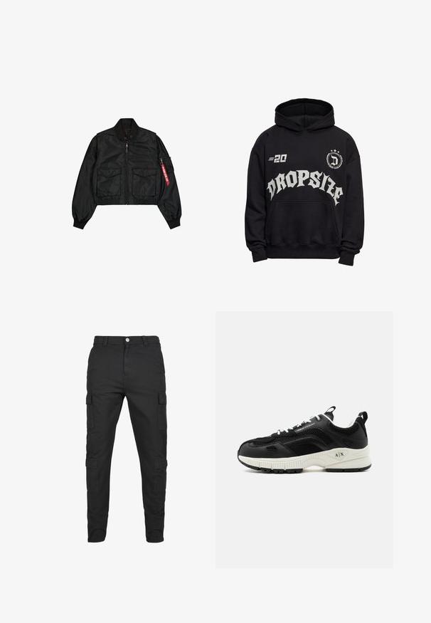 Veste bomber noire courte en satin avec col rond, deux poches avant et une poche latérale zippée avec un onglet rouge.; Sweat à capuche noir avec poche avant, texte blanc "DROPSIZE" en police gothique, un "20" sur le côté gauche de la poitrine et un emblème circulaire avec un "D" et des étoiles.; Pantalons cargo noirs en tissu durable. Comprend plusieurs poches latérales, une fermeture à bouton et un design de jambe fuselée. Devant plat, sans motifs.; Baskets noir et blanc Armani Exchange avec panneaux en mesh, lacets blancs et semelle épaisse avec le logo A|X au talon.