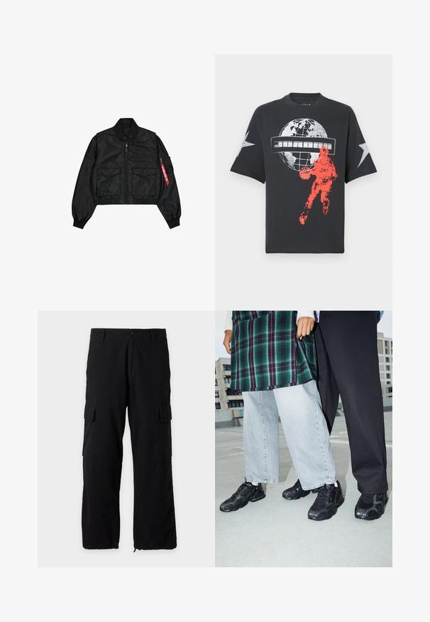 Sort cropped bomberjakke lavet af satinlignende materiale med rund hals, to forlommer og en sidelomme med lynlås med en rød fane.; Sort bomuld T-shirt med stort hvidt globusmotiv, sølvstjerner på ærmerne og et pixeleret rødt basketballspillerdesign.; Sorte cargobukser med sidelommer med klap, knap- og lynlåslukning, bæltestropper og justerbare kanter.; Sorte atletik sko med mesh- og gummidetaljer. Båret med lysegrå vide jeans og en ternet grøn bluse. Flad overflade i baggrunden.