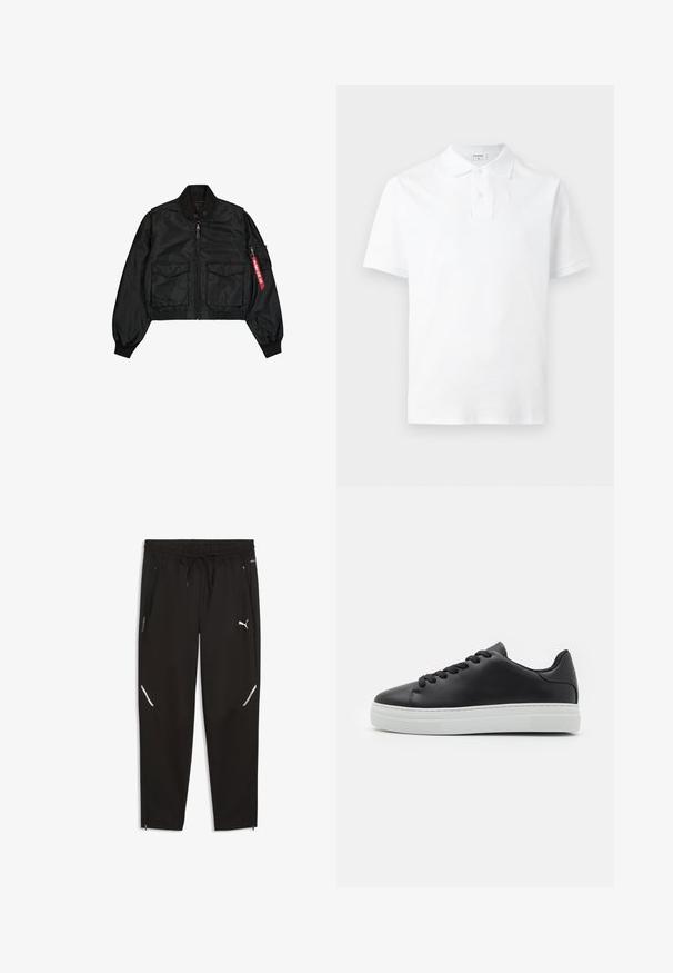 Sort cropped bomberjakke lavet af satinlignende materiale med rund hals, to forlommer og en sidelomme med lynlås med en rød fane.; Hvid kortærmet poloshirt med krave og to-knaps åbning, vist på en ensartet lys grå baggrund.; Sorte atletikbukser lavet af letvægtsmateriale. Har elastisk linning, snøre, lynlåslommer og reflekterende detaljer.; Sorte lædersneakers med rund tå, hvid gummisål og sorte snørebånd. Har en glat overflade og minimalistisk design.