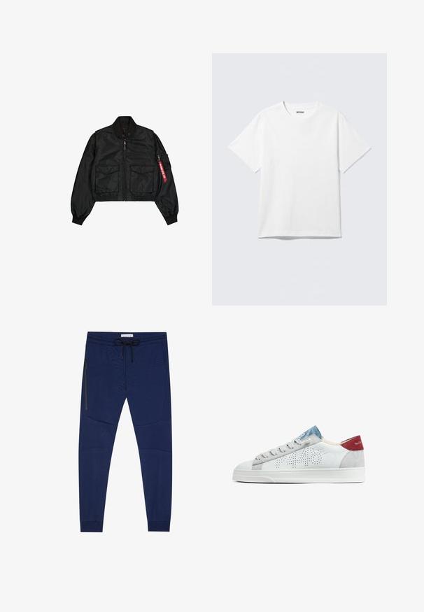 Sort cropped bomberjakke lavet af satinlignende materiale med rund hals, to forlommer og en sidelomme med lynlås med en rød fane.; Hvid kortærmet crewneck T-shirt lagt fladt ud, ensfarvet design, med "WEEKDAY" mærkat inde i kraven på en lys baggrund.; Marine joggingbukser med elastisk talje og sort snor. Har en lynlåslomme og struktureret paneler langs siderne.; Hvid lav-top sneaker med grå snørebånd, perforeret sidelayout, blå tunge og rød hælfane med tekst.