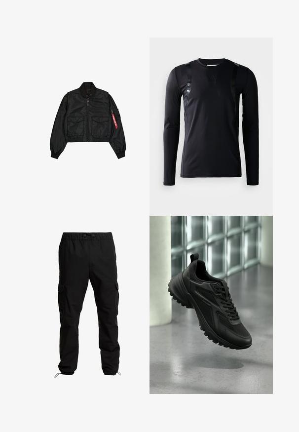 Veste bomber noire courte en satin avec col rond, deux poches avant et une poche latérale zippée avec un onglet rouge.; T-shirt de sport à manches longues noir en tissu lisse et extensible. Présente des accents noirs brillants sur les épaules et un logo Adidas sur la poitrine.; Pantalons cargo noirs en tissu durable, dotés d'une taille élastique, de cordons de serrage ajustables et de poches latérales avec fermetures à rabat.; Baskets de sport noires avec semelle texturée et lacets, flottant au-dessus d'un sol gris avec un mur en blocs de verre en arrière-plan.
