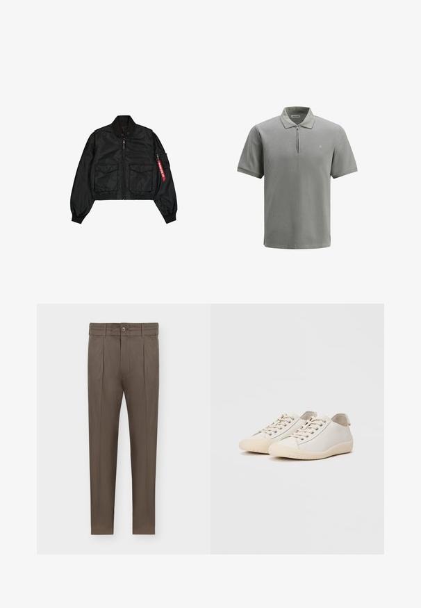 Sort cropped bomberjakke lavet af satinlignende materiale med rund hals, to forlommer og en sidelomme med lynlås med en rød fane.; Lys grå polo-shirt med lynlås krave, korte ærmer, struktureret stof og et lille logo på venstre side.; Brune mandebukser med tapering, plisser, bæltestropper, knaplukning og sidelommer mod en hvid baggrund.; Hvide sneakers lavet af glat læder med tonede stikninger, snørebåndslukning, rund tå og en tekstureret gummisål.
