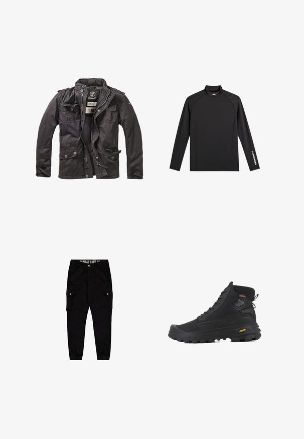 Veste légère noire avec fermeture éclair, quatre poches avant et accents en bouton ; présente un col montant et un tissu texturé.; Haut de sport noir à manches longues avec col montant, coupe ajustée, et logo blanc "J.Lindeberg" sur la manche gauche et le col.; Pantalons cargo noirs en coton, dotés de plusieurs poches, d'une coupe ajustée et d'un revers élastique aux chevilles.; Baskets montantes noires avec une surface texturée, dotées d'un design imperméable, d'un système de laçage et d'une semelle en caoutchouc proéminente avec la marque Vibram.
