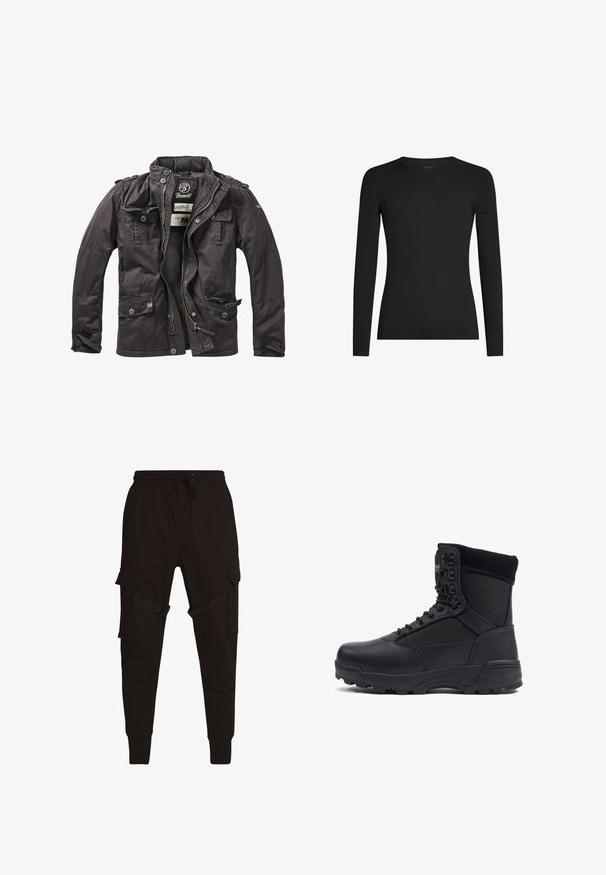 Veste légère noire avec fermeture éclair, quatre poches avant et accents en bouton ; présente un col montant et un tissu texturé.; Chemise noire à manches longues, ajustée, avec col ras du cou, arborant un logo Icebreaker discret sur la manche gauche, présentée sur un fond blanc.; Pantalons cargo noirs avec taille élastique à cordon, poches latérales et accents texturés sur les poches cargo et les sangles. Poignets ajustés aux chevilles.; Botte tactique noire avec une tige en cuir lisse et des panneaux en tissu, design montante, fermeture à lacets à l'avant et semelle en caoutchouc robuste.