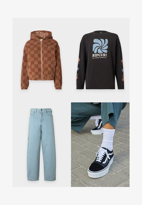 Bruine geruite corduroy ritsjack met capuchon, elastische manchetten en voorzakken.; Zwart shirt met lange mouwen met een blauwe abstracte bloemenlogo, tekst "Rip Curl Surfing Company" op de voorkant, en bijpassende bloemenpatronen op de mouwen.; Lichtblauwe spijkerbroek van denim met een comfortabele pasvorm, rechte pijpen, een ontwerp met vijf zakken en een metalen knoopsluiting aan de tailleband.; Zwarte suède sneaker met witte accenten en veters, uitgerust met een dikke witte zool en contrasterende stiksels, gecombineerd met een witte sok.