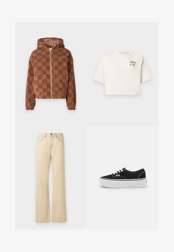 Bruine geruite corduroy ritsjack met capuchon, elastische manchetten en voorzakken.; Korte cropped T-shirt met korte mouwen van katoen in crème kleur. Voorzien van een kleurrijke afbeelding met de tekst "Volcom" en patronen van pizza en regenbogen.; Beige wijde jeans gemaakt van denimstof, met een hoge taille, voorzakken, een knoopsluiting en contrasterende stiksels.; Zwarte canvas sneaker met een witte rubberen platformzool, voorzien van witte veters en stiksels, iconische branding op de zijkant, low-top ontwerp.