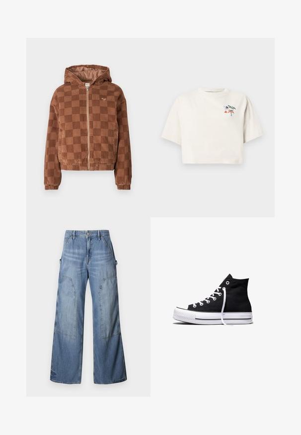 Bruine geruite corduroy ritsjack met capuchon, elastische manchetten en voorzakken.; Korte cropped T-shirt met korte mouwen van katoen in crème kleur. Voorzien van een kleurrijke afbeelding met de tekst "Volcom" en patronen van pizza en regenbogen.; Good American GOOD EASE RELAXED - Relaxed fit jeans - indigo; Zwarte hooggesloten canvas sneaker met witte rubberen zool en witte veters, zijwaarts weergegeven op een witte achtergrond.