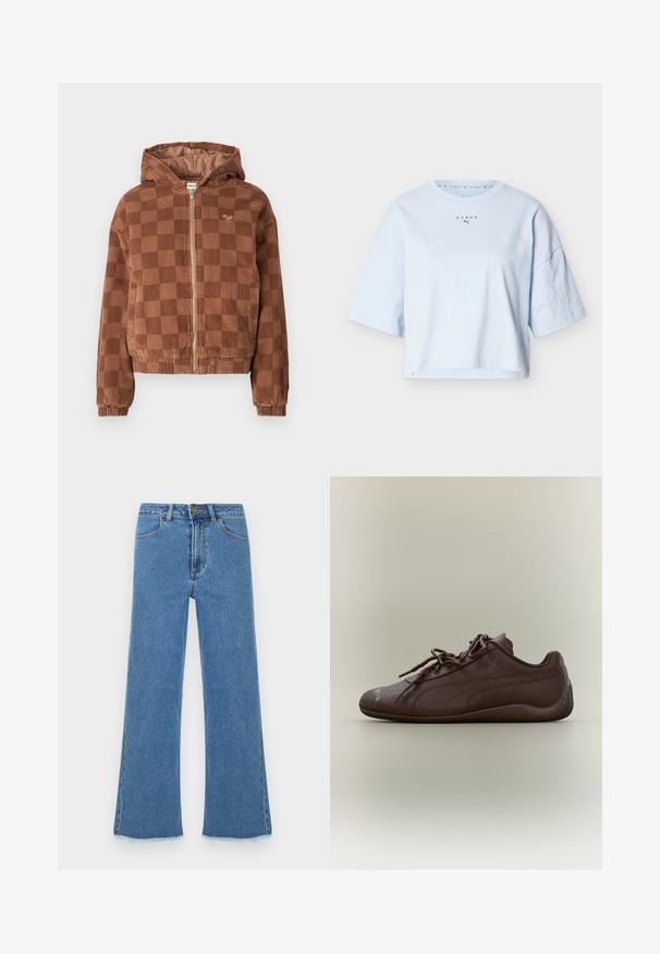 Bruine geruite corduroy ritsjack met capuchon, elastische manchetten en voorzakken.; Lichtblauw cropped T-shirt met korte mouwen en het "HYROX"-logo met Puma-symbool gecentreerd vlakbij de halslijn.; Blauwe jeans met rechte pijpen en hoge taille, met voorzakken, riemlussen, knoopsluiting en rafelige zoom, afgebeeld tegen een effen achtergrond.; Donkerbruine Puma sneaker met veters, een lage zool en een subtiel logo aan de zijkant, gezien vanaf de linkerzijde tegen een lichte achtergrond.