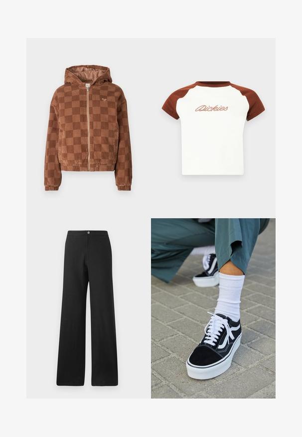 Brunternetternes kordfløjl zip-up jakke med hætte, elastiske manchetter og forlommer.; T-shirt med korte ærmer med hvid krop og brune raglanærmer. Har "Dickies" i stiliseret syning på tværs af brystet. Glat tekstur.; Sorte bukser med vid ben lavet af et blødt stof, med knaplukning foran, rene linjer og et minimalistisk design uden mønstre.; Sorte ruskinds sneakers med hvide accenter og snørebånd, der har en tyk hvid sål og kontrasterende syninger, parret med en hvid sok.