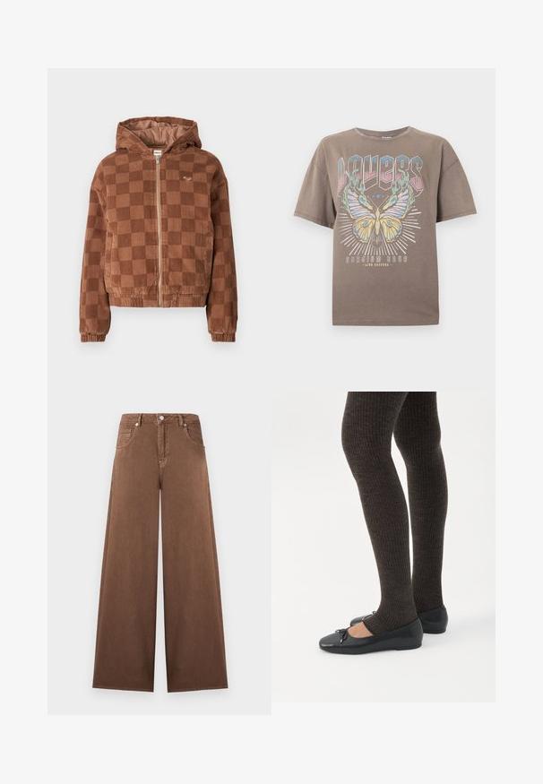 Bruine geruite corduroy ritsjack met capuchon, elastische manchetten en voorzakken.; Bruine oversized t-shirt met grote kleurrijke vlinderafbeelding, de tekst "WAVES" erboven en de tekst "Stadium Tour live concert" eronder aan de voorkant.; Bruine wijde spijkerbroeken met hoge taille, sluiting met knoop en rits aan de voorkant, en een ontwerp met vijf zakken.; Benen met donkere geribbelde leggings gecombineerd met zwarte ballerina's met kleine strikdetails op een witte achtergrond.