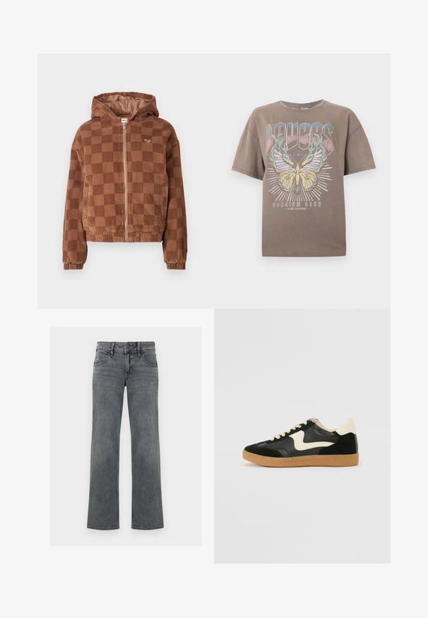 Brunternetternes kordfløjl zip-up jakke med hætte, elastiske manchetter og forlommer.; Brun oversize t-shirt med stort farverigt sommerfuglegrafik, teksten "WAVES" ovenover og teksten "Stadium Tour live koncert" nedenunder på forsiden.; Grå denimjeans med lige ben, lynlås og knap foran samt fem-lomme-design, vist mod en hvid baggrund.; Sorte ruskinds- og lædersneakers med en cremefarvet side-swoosh og lys cremefarvet hæl. Har beige snørebånd og en gummirubber-sål.