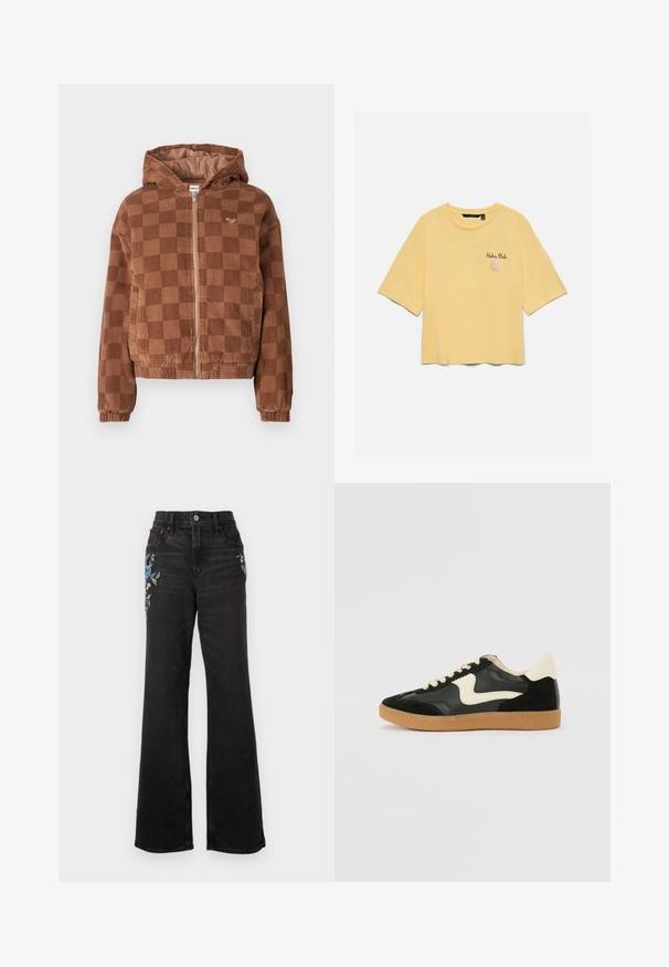 Braun karierter Cordjacke mit Reißverschluss und Kapuze, elastischen Bündchen und vorderen Taschen.; Gelbes T-Shirt mit kurzen Ärmeln und rundem Ausschnitt sowie dem Schriftzug „Aloha Club“ und einer Muschel-Grafik auf der linken Brust.; Schwarze Jeans mit hoher Taille und weitem Bein, bestickt mit blauen und weißen Blumenmustern auf den oberen Oberschenkeln, im Fünf-Taschen-Stil.; Schwarze Wildleder- und Leder-Sneaker mit einem cremefarbenen Seiten-Swoosh und einer hellcremefarbenen Ferse. Ausgestattet mit beige Schnürsenkeln und einer Gummilaufsohle.