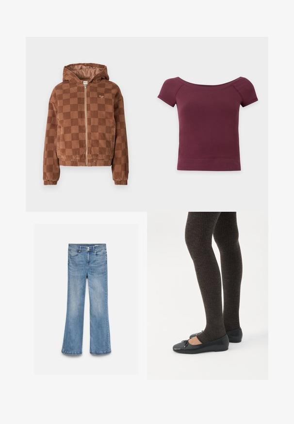 Chaqueta de pana marrón a cuadros con cremallera y capucha, puños elásticos y bolsillos frontales.; Top corto de manga corta, hombros descubiertos, en tejido liso burdeos oscuro con bajo y escote de canalé.; Vaqueros de mezclilla azul claro con cintura alta, cierre de doble botón, bolsillos delanteros y traseros, y piernas ligeramente acampanadas.; Piernas con leggings oscuros acanalados combinados con bailarinas negras que presentan pequeños detalles de lazo sobre un fondo blanco.