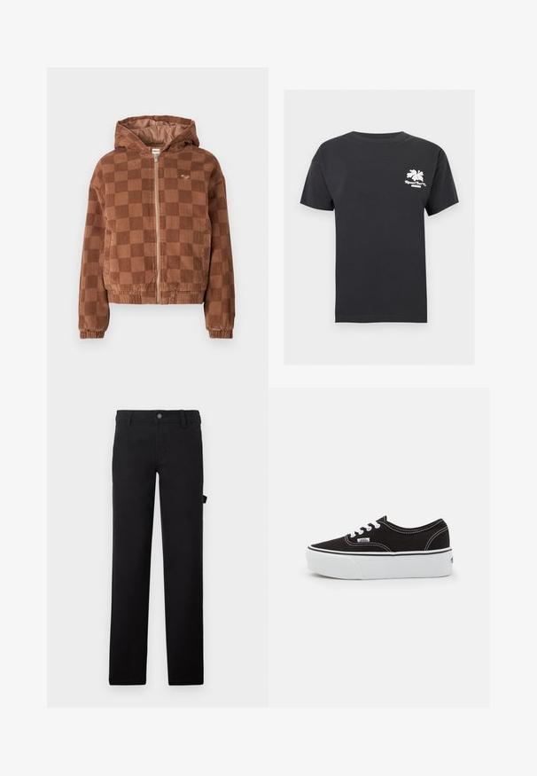Brunternetternes kordfløjl zip-up jakke med hætte, elastiske manchetter og forlommer.; Sort t-shirt med korte ærmer og rund halsudskæring med en lille hvid hibiscusblomst og teksten "Rip Curl Surf Co" på øverste venstre bryst.; Sorte bukser lavet af stof med en glat tekstur, designet med lige ben, en knaplukning og en sidelomme.; Sort lærred sneakers med en hvid gummi platform sål, der har hvide snørebånd og syninger, ikonisk branding på siden, lav-top design.