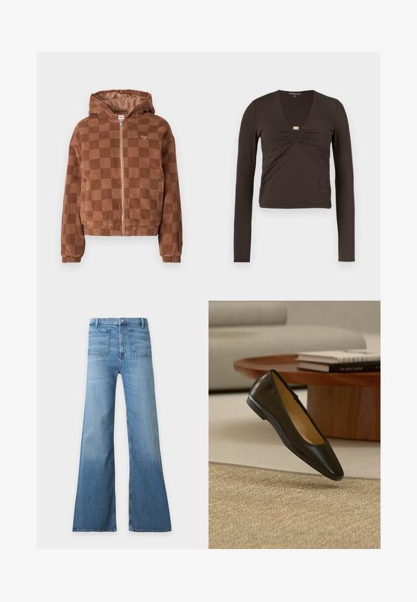 Braun karierter Cordjacke mit Reißverschluss und Kapuze, elastischen Bündchen und vorderen Taschen.; Braunes Langarmoberteil mit tiefem V-Ausschnitt, gerafftem Stoff am Brustbereich und silbernem Akzent unterhalb des Ausschnitts.; Hellblaue Jeans mit hoher Taille, weitem ausgestelltem Bein, aufgesetzten Fronttaschen, Knopfverschluss und Gürtelschlaufen.; Schwarzer flacher Lederschuh mit abgerundeter quadratischer Spitze auf einem beige gewebten Teppich, mit einem Holzcouchtisch und gestapelten Büchern im Hintergrund.