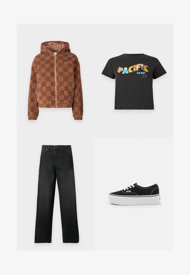Bruine geruite corduroy ritsjack met capuchon, elastische manchetten en voorzakken.; Zwart T-shirt met korte mouwen met de tekst "PACIFIC Coast" en kleurrijke tropische en oceaangerelateerde patronen aan de voorkant.; Zwarte denim jeans met rechte pijpen, voorzakken en lusschachten voor een riem, knoop- en ritssluiting, tentoongesteld tegen een effen achtergrond.; Zwarte canvas sneaker met een witte rubberen platformzool, voorzien van witte veters en stiksels, iconische branding op de zijkant, low-top ontwerp.