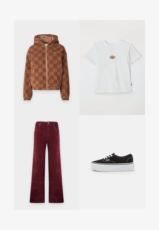 Bruine geruite corduroy ritsjack met capuchon, elastische manchetten en voorzakken.; Witte katoenen t-shirt met een rond logo met meerkleurige accenten. Korte mouwen en een ronde halslijn, met een klein label aan de onderkant.; Bordeauxrode wijde ribfluwelen broek met hoge taille, knoop- en ritssluiting aan de voorkant en voorzakken.; Zwarte canvas sneaker met een witte rubberen platformzool, voorzien van witte veters en stiksels, iconische branding op de zijkant, low-top ontwerp.