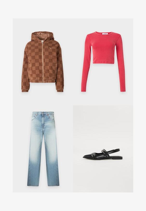 Braun karierter Cordjacke mit Reißverschluss und Kapuze, elastischen Bündchen und vorderen Taschen.; Langärmliges, kurzes Oberteil aus gerippter Textur mit Rundhalsausschnitt. Farbe: lebhaftes Rot. Enthält ein Etikett am Hals mit "JJXX."; Hellblaue Jeans aus Denim mit lockerem Schnitt, hohem Bund, fünf Taschen und dezentem Ausbleichen am unteren Teil der Beine.; Even&Odd Sling-Ballerina - black