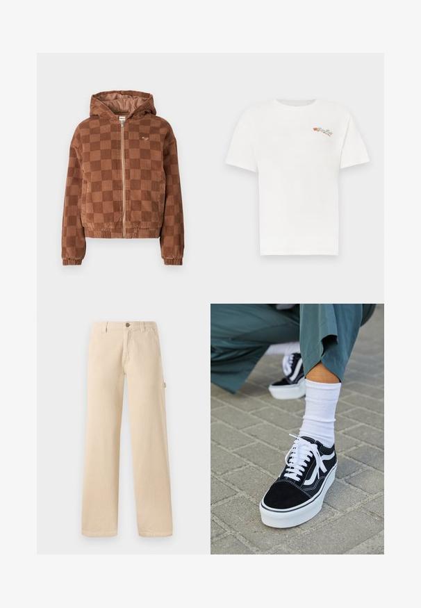 Bruine geruite corduroy ritsjack met capuchon, elastische manchetten en voorzakken.; Wit katoenen T-shirt met korte mouwen. Heeft een kleine, meerkleurige bloemrijke borduurwerk op de linkerborst. Klassieke ronde hals.; Beige corduroy broeken met een wijde pijp, verticale ribbelstructuur, voorzakken en een zijknopdetail.; Zwarte suède sneaker met witte accenten en veters, uitgerust met een dikke witte zool en contrasterende stiksels, gecombineerd met een witte sok.