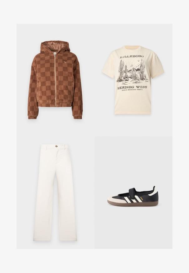 Bruine geruite corduroy ritsjack met capuchon, elastische manchetten en voorzakken.; Beige T-shirt met zwarte woestijnscène met cactussen, bergen en vogels, gelabeld "Billabong Heading West Since Seventy Three."; Beige, wijde broek gemaakt van een textuurstof. Voorzien van een sluiting met knopen aan de voorkant en riemlussen. Eenvoudig en strak ontwerp zonder patronen.; Zwart-beige sneaker met een klittenbandsluiting, drie witte strepen aan de zijkant en een getextureerde bruine rubberen zool. Merkembleem zichtbaar.