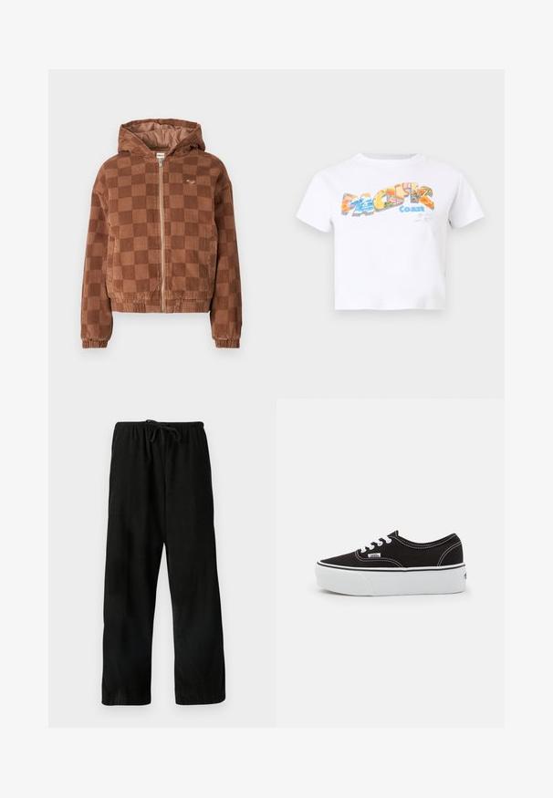 Bruine geruite corduroy ritsjack met capuchon, elastische manchetten en voorzakken.; Wit cropped T-shirt met kleurrijke "Pacific Coast" tekst en bloemen- en strandafbeeldingen aan de voorkant.; Zwarte, wijdvallende broek met een gestructureerde stof, voorzien van een elastische tailleband en een trekkoord voor een verstelbare pasvorm. Geen patronen of accenten zichtbaar.; Zwarte canvas sneaker met een witte rubberen platformzool, voorzien van witte veters en stiksels, iconische branding op de zijkant, low-top ontwerp.