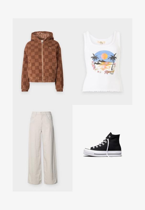 Braun karierter Cordjacke mit Reißverschluss und Kapuze, elastischen Bündchen und vorderen Taschen.; Weißes, geripptes Tanktop mit Sonnenuntergangs-Strandszene, Palmen, Blumen und "Ripcurl"-Logotext auf der Vorderseite.; Hoch taillierte, weit geschnittene Hose in Offwhite, mit Fronttaschen, Gürtelschlaufen, Knopfverschluss und Reißverschluss.; Schwarzer High-Top-Canvas-Sneaker mit weißer Gummisohle und weißen Schnürsenkeln, seitlich dargestellt vor weißem Hintergrund.
