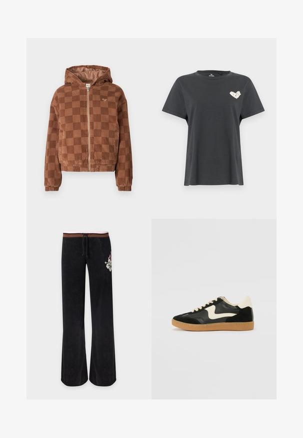 Bruine geruite corduroy ritsjack met capuchon, elastische manchetten en voorzakken.; Zwart T-shirt met korte mouwen en ronde hals, met een klein wit hartvormig ontwerp op de linkerborst.; Zwarte broek met brede pijpen en een bruin-roze gestreepte tailleband, trekkoord en witte bloemenborduursel op de rechterheup.; Zwarte suède en leren sneaker met een crèmekleurige zij-swoosh en lichte crèmekleurige hiel. Voorzien van beige veters en een gumrubberen zool.