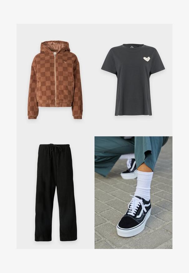 Chaqueta de pana marrón a cuadros con cremallera y capucha, puños elásticos y bolsillos frontales.; Camiseta negra de manga corta con cuello redondo y pequeño diseño de corazón blanco en el pecho izquierdo.; Pantalones negros de pierna ancha con una tela texturizada, que cuentan con una cinturilla elástica y cordón para un ajuste ajustable. Sin patrones ni acentos visibles.; Zapatillas de ante negro con acentos y cordones blancos, que cuentan con una gruesa suela blanca y costuras en contraste, combinadas con un calcetín blanco.