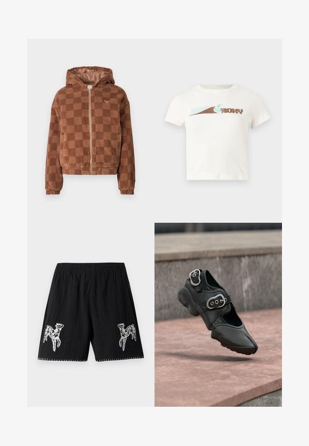Bruine geruite corduroy ritsjack met capuchon, elastische manchetten en voorzakken.; Witte cropped T-shirt met turquoise en bruin golvend ontwerp en gedeeltelijk "Roxy"-logo over de borst, korte mouwen, ronde hals.; Zwarte shorts van textuurstof; heeft een wit geborduurd ontwerp op beide benen en contrasterende stiksels langs de zoom. Elastische tailleband.; Zwarte schoen met gespleten teen, twee zilveren gespen, dikke zool en geperforeerde details, zwevend boven een stenen oppervlak.