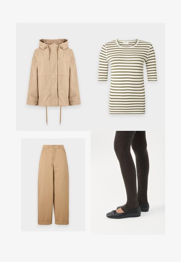 Veste beige à capuche avec fermeture éclair frontale, cordons réglables à la capuche et à l'ourlet, manches longues avec poignets à boutons-pression, et deux poches latérales.; Chemise à manches courtes avec des rayures horizontales vert olive et blanches et un col rond sur un fond uni.; Pantalon beige taille haute à jambes larges avec poches avant, passants de ceinture, fermeture par boutons et ourlets retroussés.; Jambes portant des leggings côtelés foncés associés à des ballerines noires avec de petits détails en nœud sur fond blanc.