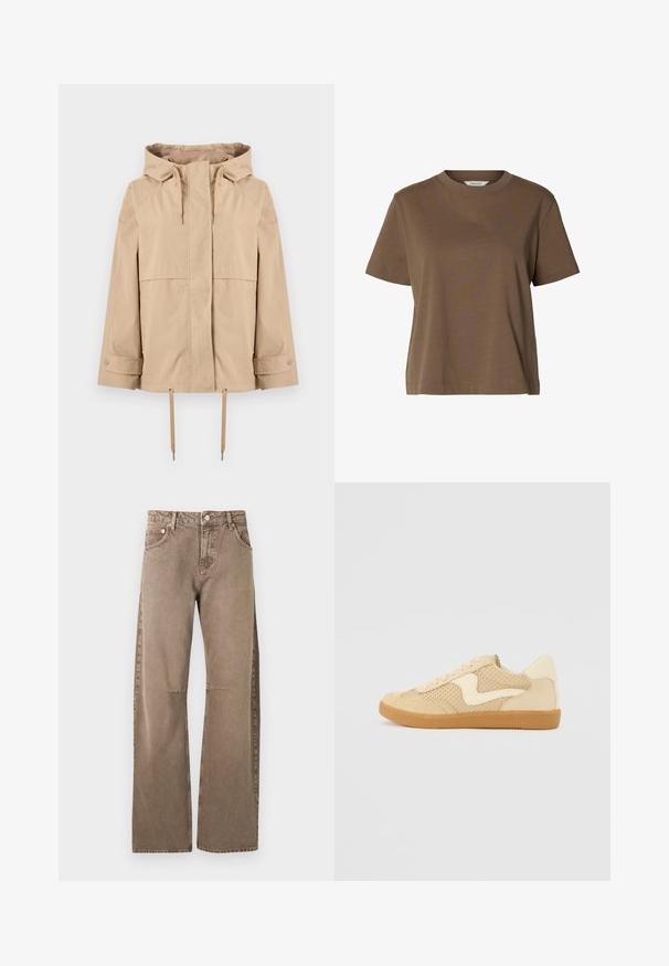 Veste beige à capuche avec fermeture éclair frontale, cordons réglables à la capuche et à l'ourlet, manches longues avec poignets à boutons-pression, et deux poches latérales.; T-shirt marron à manches courtes et col rond, en tissu uni, coupe décontractée avec peu de coutures.; Jeans marron clair taille haute, coupe droite, avec bouton et fermeture éclair à l'avant, poches avant et arrière, présentés sur un fond blanc.; Sneaker beige avec des matériaux en daim et en maille, forme arrondie, col rembourré proéminent et semelle en caoutchouc gomme. Présente un accent de design en forme de vague.