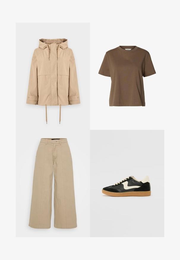 Veste beige à capuche avec fermeture éclair frontale, cordons réglables à la capuche et à l'ourlet, manches longues avec poignets à boutons-pression, et deux poches latérales.; T-shirt marron à manches courtes et col rond, en tissu uni, coupe décontractée avec peu de coutures.; Pantalons larges beige en mélange de coton, dotés de plis sur le devant, d'une fermeture à bouton et de deux poches latérales pour la fonctionnalité.; Baskets en daim et cuir noir avec un swoosh latéral crème et un talon crème clair. Dotées de lacets beige et d'une semelle en caoutchouc gomme.