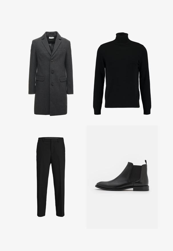 Manteau en mélange de laine gris foncé avec un design à boutonnage simple, revers crantés et deux poches à l'avant. Comprend six boutons à l'avant.; Un pull à col roulé noir en matière tricotée douce. Il possède des manches longues, un col et un ourlet côtelés. Son design est simple et épuré, sans motifs.; Pantalons noirs en tissu lisse, présentant une coupe droite, des passants de ceinture et un devant plat sans motifs ni embellissements visibles.; Bottine Chelsea en cuir noir avec des panneaux latéraux élastiques, un bout arrondi et un petit talon. Texture lisse avec un design minimaliste.