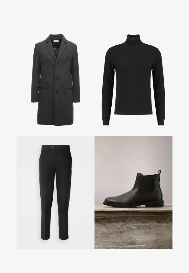 Manteau en mélange de laine gris foncé avec un design à boutonnage simple, revers crantés et deux poches à l'avant. Comprend six boutons à l'avant.; Pull à col roulé noir en laine. Il possède des manches longues, des poignets et un ourlet côtelés, une texture lisse et un design ajusté.; Lindbergh Pantalon classique - black melange; Botte de cheville en cuir noir avec une texture lisse, bout arrondi, panneaux latéraux élastiques et languette, posée sur une surface en bois.