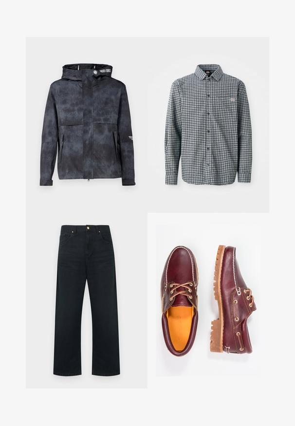 Chaqueta negra-gris resistente al agua con capucha, que presenta un sutil patrón tie-dye, cremallera frontal y bolsillos laterales. Acentuada con el logo de la marca.; Camisa de cuadros en blanco y negro de manga larga con botones, cuello y un pequeño parche con logo en el bolsillo del pecho izquierdo.; Pantalones de mezclilla negros de pierna ancha, con diseño de cinco bolsillos, detalles dorados y un acabado limpio en la cintura y el dobladillo.; Zapatos de cuero burdeos con suelas de goma marrón, puntera redonda, costuras blancas y ojales dorados. El interior cuenta con un forro amarillo.